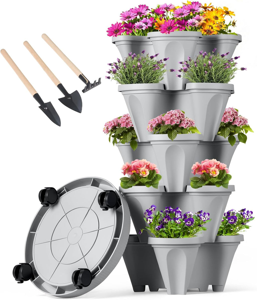 Gray Wheeled Stackable Planter