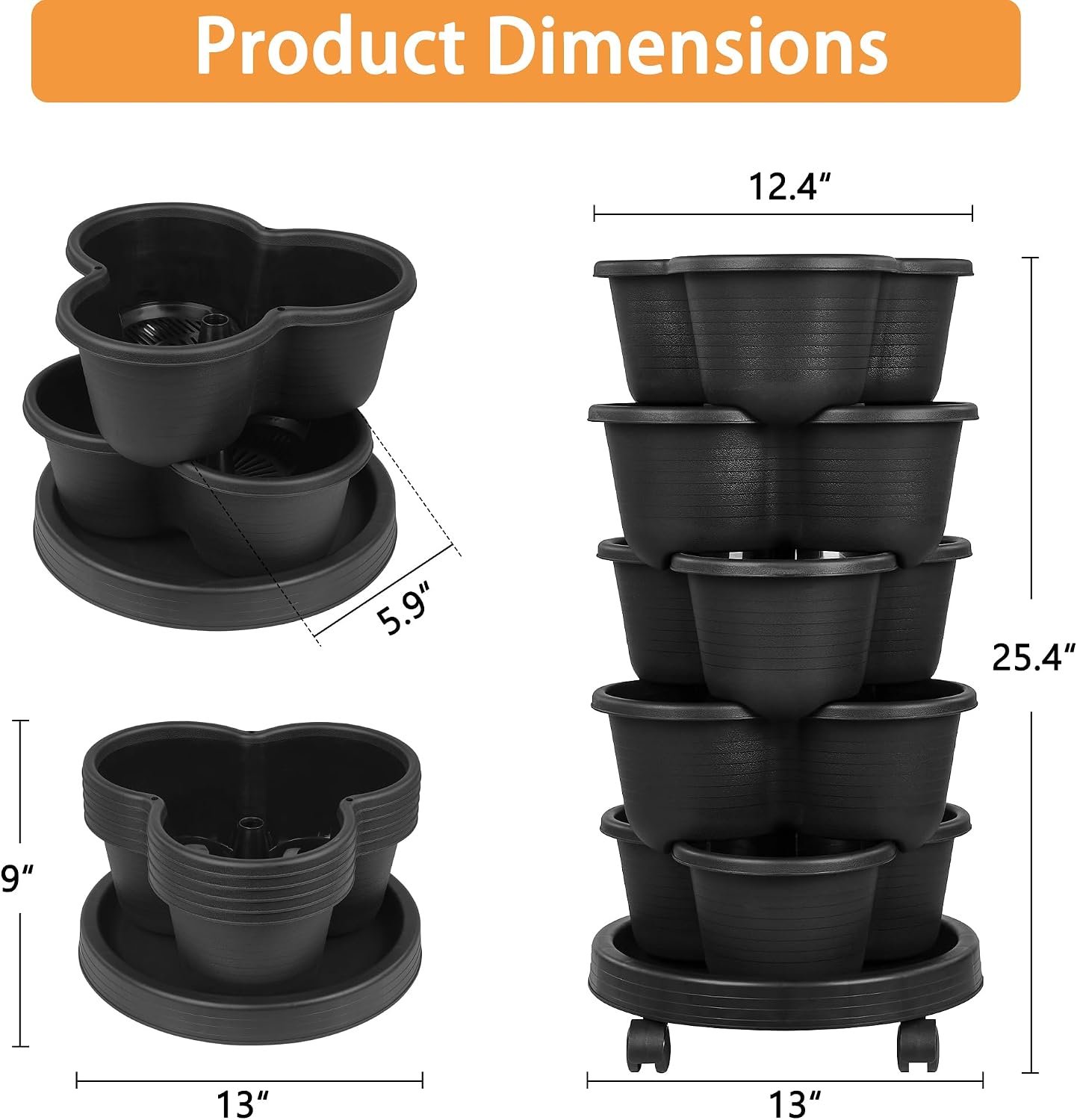 Black Wheeled Self Water Planter
