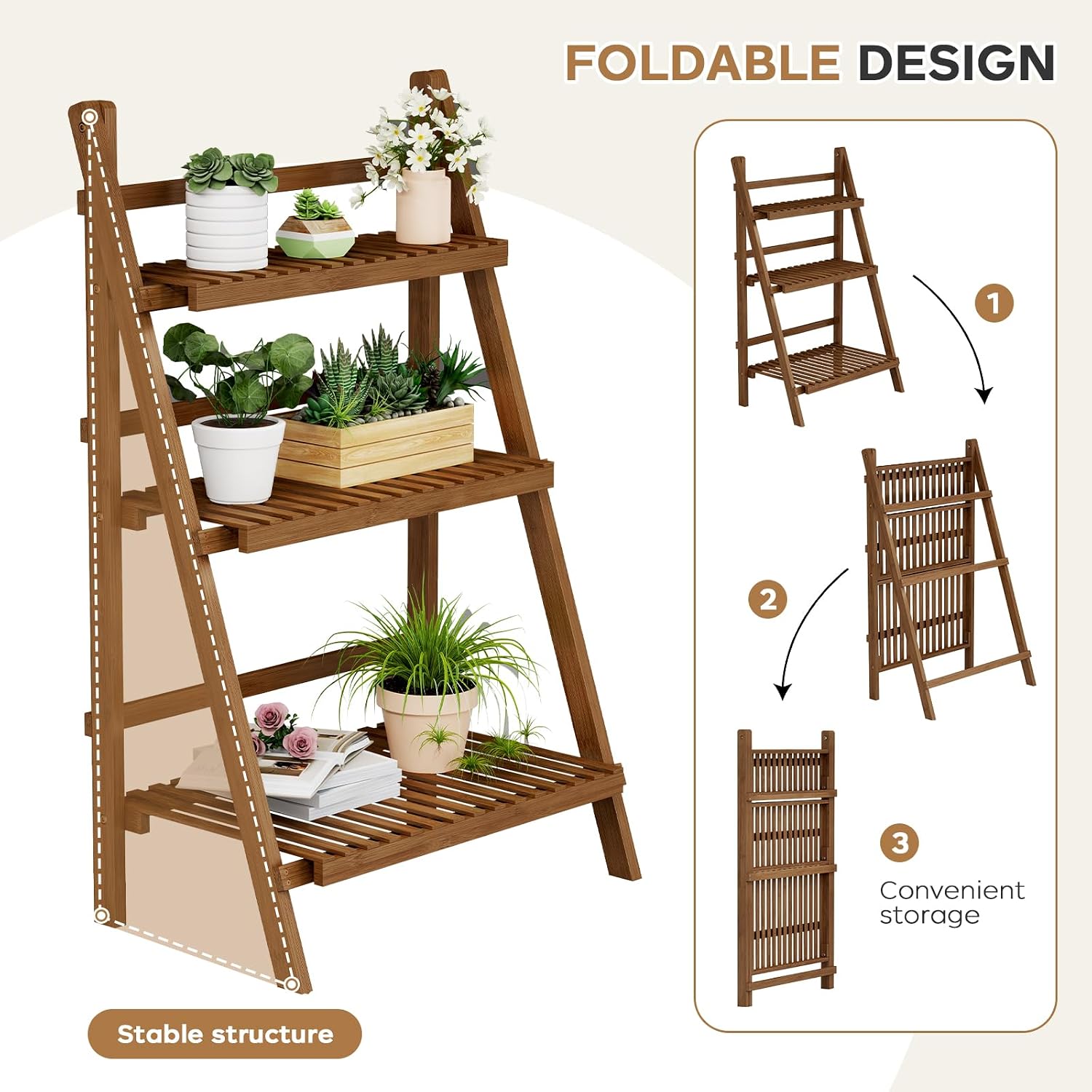 Foldable Bamboo 3-Tier Plant Shelf
